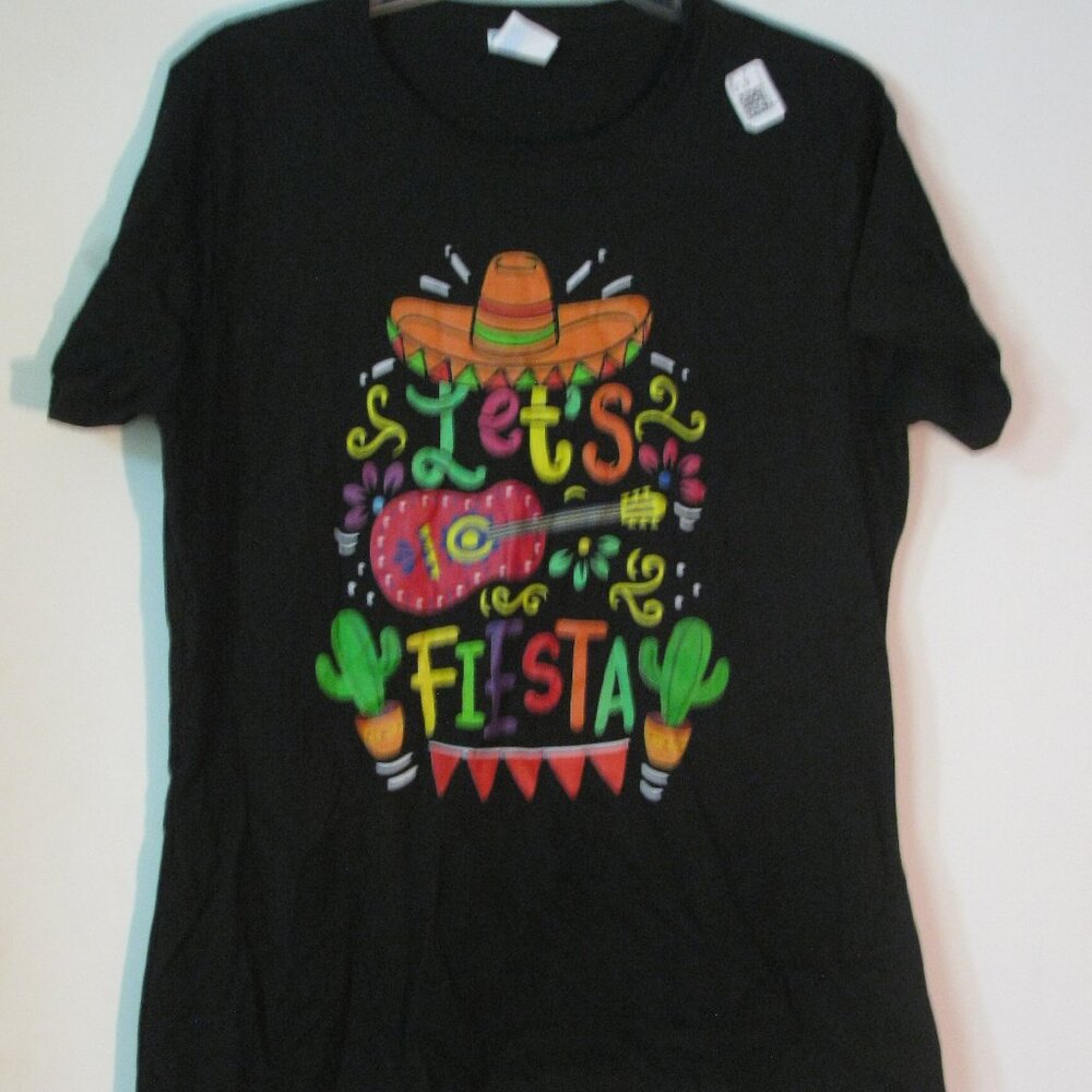 * Port Company Black Tshirt Large New with Tags Lets Fiesta Colorful Tee
